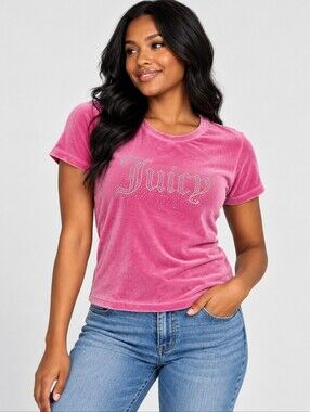 Juicy Couture Pink Velour Short Sleeve Tee with Crystal Logo
